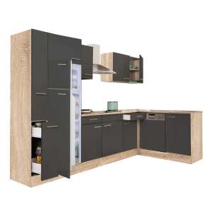 Yorki 310 Eckküchenblock mit Sonoma Eiche Korpus und anthrazitfarbener Seidenfront, mit Gefrierschrank oben - Leziter