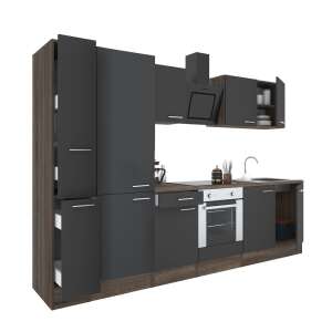 Yorki 300 Küchenblock mit Yorki Eiche Korpus und seidenglänzender anthrazitfarbener Front, inklusive Backofen und Regaleinheit - Küchenmöbel-Sets