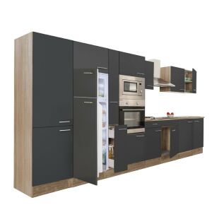 Yorki 420cm Küchenmöbel-Set in Sonoma Eiche und Anthrazit. Moderner Küchenblock mit Kühlschrank und Einbaugeräten. - Küchenmöbel-Sets