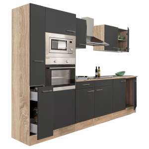 Yorki 300 Küchenblock, Sonoma Eiche Korpus, Anthrazit Front, 3/4 Ansicht - Küchenmöbel-Sets