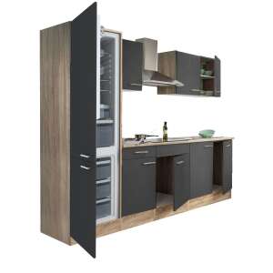 Yorki 270 Küchenblock, Sonoma-Eiche-Korpus, anthrazitfarbene Seidenfront, mit Unterkühlschrank - Leziter