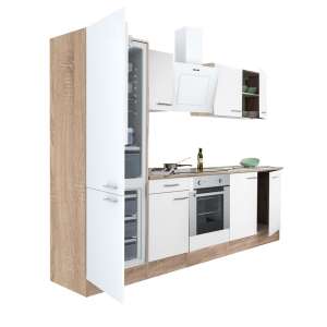 Yorki 270 Küchenblock, Sonoma Eiche Korpus, weißer Hochglanzfront, Unterbackofenelement, Unterkühlschrank mit Gefrierfach - Küchenmöbel-Sets