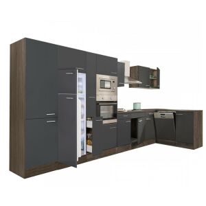 Yorki 430 cm Eckküchenset mit anthrazitfarbenen Fronten und Eichenkorpus, inklusive Einbaugeräten. - Küchenmöbel-Sets