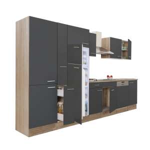 Yorki 370 Küchenblock, Sonoma Eiche Korpus, Anthrazit Seidenmatt Front, mit Regal Schrank und oben Gefrierschrank Kühlschrank - Küchenmöbel-Sets