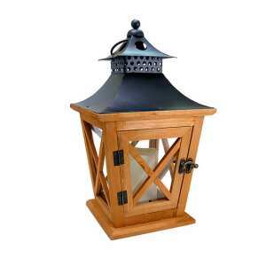 Wooden lantern with black metal top and glass window - Decorative Lamp