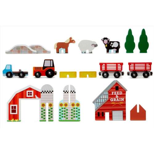 Melissa & Doug Take-Along Farm játék készlet fából készült farmi állatokkal, járművekkel és épületekkel