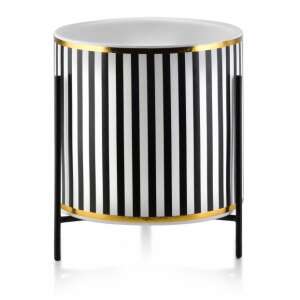 Mercaton® Luxury ceramic flower pot with metal stand, black and white striped pattern, 12.5 cm diameter, 12 cm height - Flower Pot