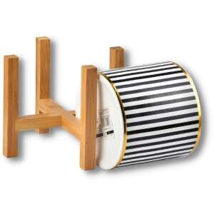 Mercaton® Luxury ceramic flower pot with wooden stand, black and white striped, gold rim, 12.5 cm diameter, 16.5 cm height - Flower Pot