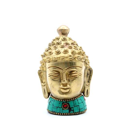 Arany Buddha Fej Szobor, 8 cm, Réz, Türkiz és Piros Intarzia - Eden