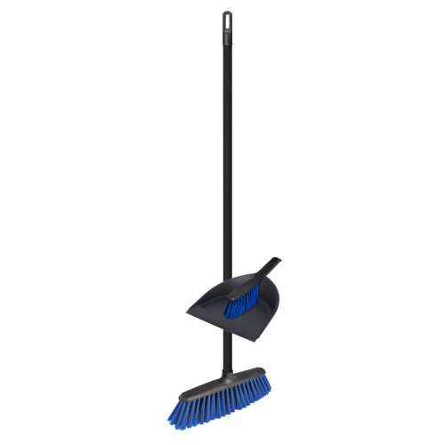 York Partvis 120cm broom and dustpan set with handle, blue bristles, black handle
