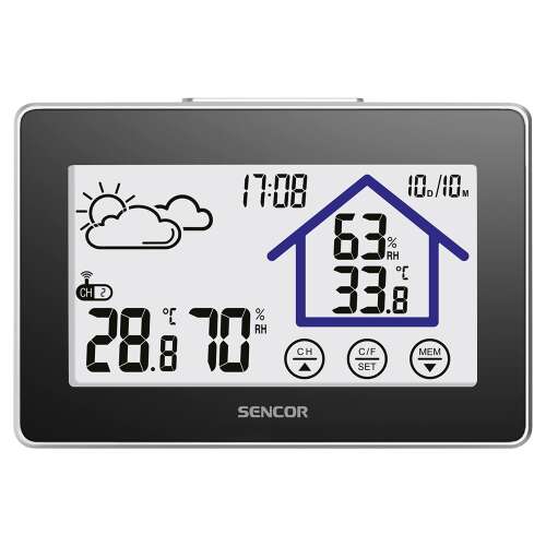Sencor SWS2999 weather station display showing temperature, humidity, and weather forecast