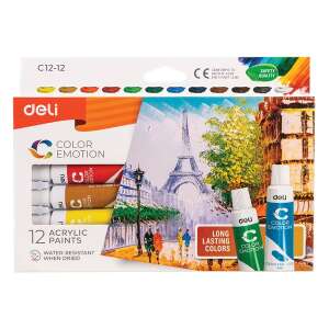 Zestaw farb akrylowych Deli Color Emotion, 12 kolorów, tubki 12 ml, wodoodporne po wyschnięciu - Deli Tools