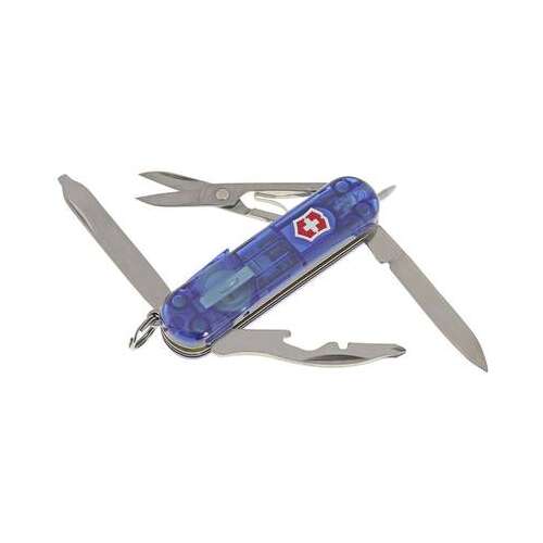 Victorinox Midnite Manager svájci bicska kék átlátszó pikkelyekkel, 10 funkcióval, beleértve a pengét, ollót, LED lámpát, üvegnyitót és még sok mást