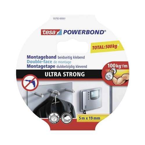 Tesa POWERBOND 55792-01 Ultra Strong taśma montażowa dwustronna, 5m x 19mm, wytrzymałość 100kg/m, do ciężkich zastosowań wewnątrz i na zewnątrz