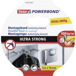 Tesa POWERBOND 55792-01 Ultra Strong doppelseitiges Montageband, 5m x 19mm, 100kg/m Haltekraft, für schwere Lasten im Innen- und Außenbereich - Klebebänder