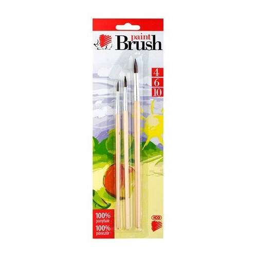 ICO festőecset készlet, 3 darabos, 4, 6 és 10-es méretben, 100% pónilószőr, fa nyéllel