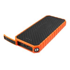 Xtorm XR102 20000mAh Rugged Power Bank fekete és narancssárga színben, ferde nézet a portok és a zseblámpa oldaláról - Xtorm
