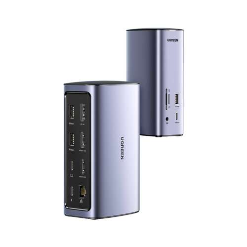 Ugreen 90325 100W Uniwersalna Stacja Dockingowa, srebrny, widok z przodu i boku