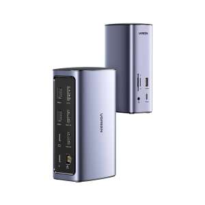 Ugreen 90325 100W Universal Docking Station, silver, front and side view - Ugreen