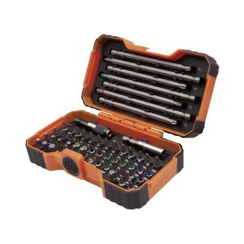 Bahco 59/S54BC 54 darabos bitkészlet, különféle méretű és típusú bitekkel, beleértve a Phillips, Pozidriv, hatszög, külső négyzet (Robertson), TORX® és TORX® szabotázsálló biteket. A készlet praktikus tárolódobozban kerül forgalomba.