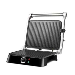 Girmi BS44 Petravera Kontaktgrill, schwarz und silber, offen, schräge Ansicht - Tischgrills und Waffeleisen