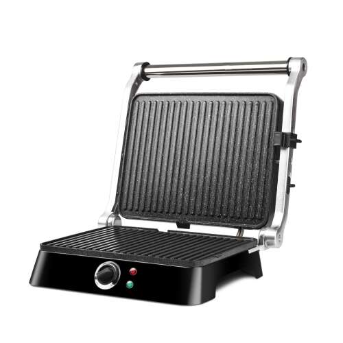 Girmi BS44 Petravera Kontaktgrill, schwarz und silber, offen, schräge Ansicht