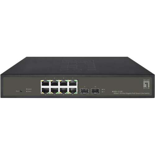 LevelOne GES-2110P Hilbert Gigabit Switch, vedere din față cu porturi și etichetă