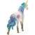 Schleich Narvál mén figura, hátulnézet egy fehér egyszarvúról kék és lila csillogó sörénnyel és farokkal, fehér háttér előtt állva