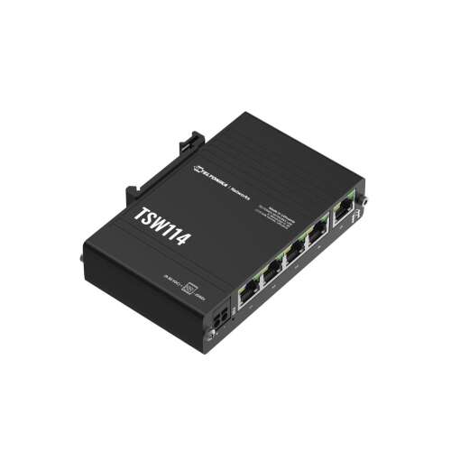 Teltonika TSW114 Gigabit Switch, schwarz, schräge Ansicht, mit Ports