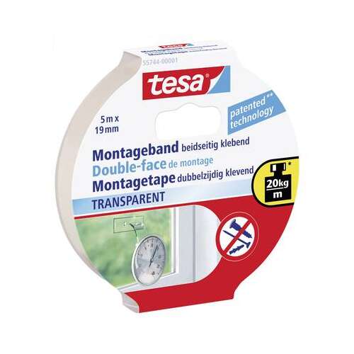 Tesa® Powerbond Taśma montażowa dwustronna transparentna, 5m x 19mm, do bezpiecznego i szybkiego mocowania na przezroczystych powierzchniach