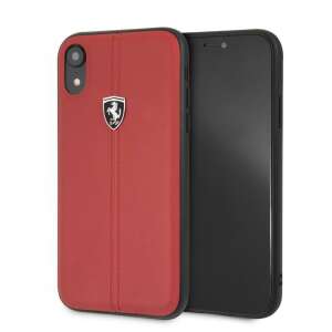 Ferrari iPhone 11 Pro piros bőr tok fekete szegéllyel, a tok hátulja és eleje látható - Ferrari Telefontok