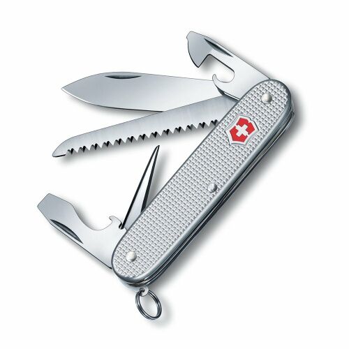 A Victorinox Pioneer svájci bicska nyitva, a szerszámok láthatók