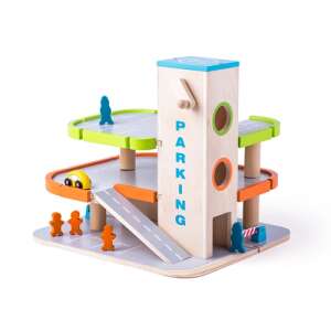 Fa játék parkolóház lifttel és lejtőkkel - Autópálya & Parkolóház