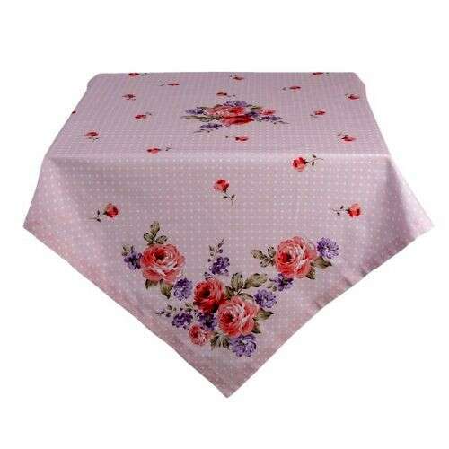 Clayre-Eef Dotty Rose asztalterítő, 150x150cm, 100% pamut, rózsaszín fehér pöttyökkel és virágmintával - Clayre & Eef
