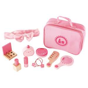 Hape wooden beauty set for kids, includes headband, perfume bottle, lipstick, hair ties, comb, mirror, and makeup case - Vanity Table, Makeup Set, Fragrance