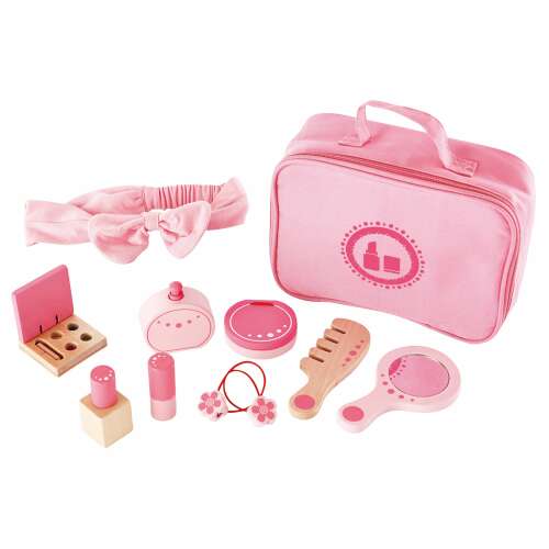 Hape wooden beauty set for kids, includes headband, perfume bottle, lipstick, hair ties, comb, mirror, and makeup case