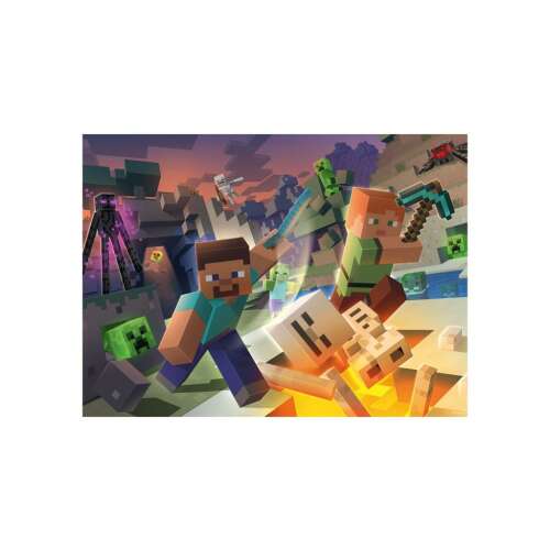 Puzzle Minecraft, 100 piese, dimensiune XXL, cu personaje Minecraft într-o scenă de luptă