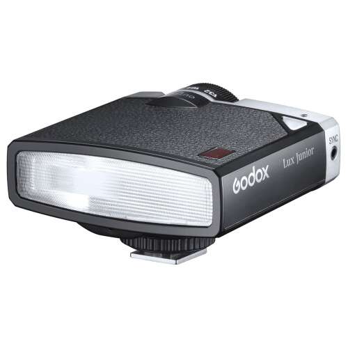 Godox Lux Junior Retro vaku, külső vaku, kompakt, fekete és ezüst, villanófejjel