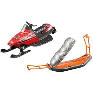 Metal snowmobile toy with sled. Red snow scooter model. - Kids's play car