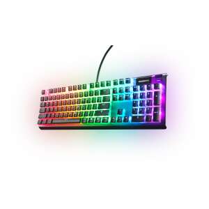 SteelSeries PRISMCAPS keycap set, black, English layout, angled view of keyboard with rainbow RGB lighting - Steelseries