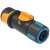 Fiskars 13-15 mm (1/2-5/8") Comfort Hose Connector, black with orange and blue accents, angled view