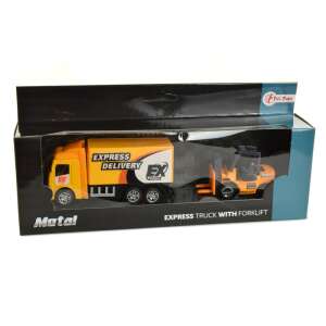 Yellow metal toy truck with forklift, express delivery truck with forklift, toy truck set, toy truck and forklift, toy truck for kids - Kids's play car