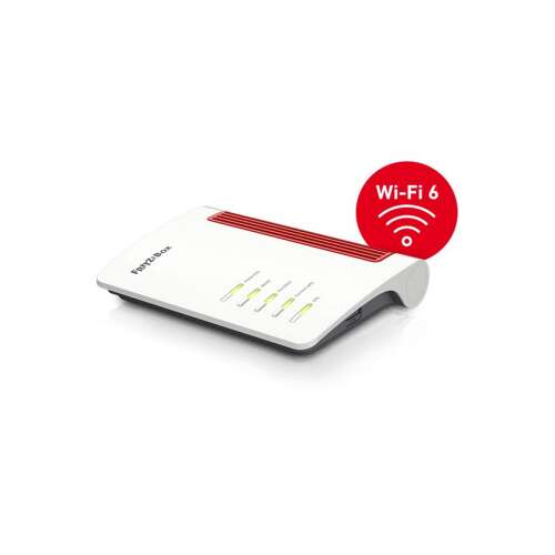 Router AVM Fritz!Box 7510 WiFi 6 Gigabit, alb cu accente roșii, vedere din față
