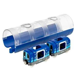 Brio World Tren de metrou și tunel care strălucesc în întuneric, tren albastru cu stele, tunel cu acoperiș transparent, vedere de aproape - Tren, element feroviar, autostradă