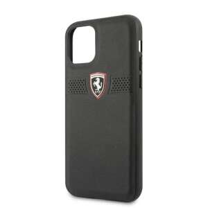 Black Ferrari Off Track leather iPhone 11 Pro case with Ferrari logo, front view - Ferrari