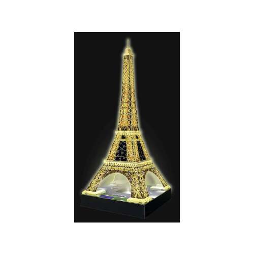 Puzzle 3D Ravensburger al Turnului Eiffel noaptea, iluminat cu lumini aurii