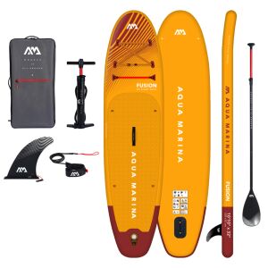 Aqua Marina Fusion iSUP paddleboard package with paddle, pump, fin, leash, and backpack - SUP & Paddleboard