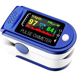 Blue and white fingertip pulse oximeter with a digital display showing 97% SpO2 and 84 bpm - Pulse oximeter