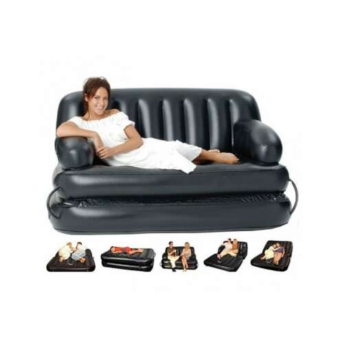 Woman relaxing on Bestway inflatable sofa bed with usage examples