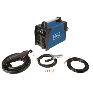 Scheppach PLC40 Plasma Cutter with accessories: torch, ground clamp, and air hose - Scheppach